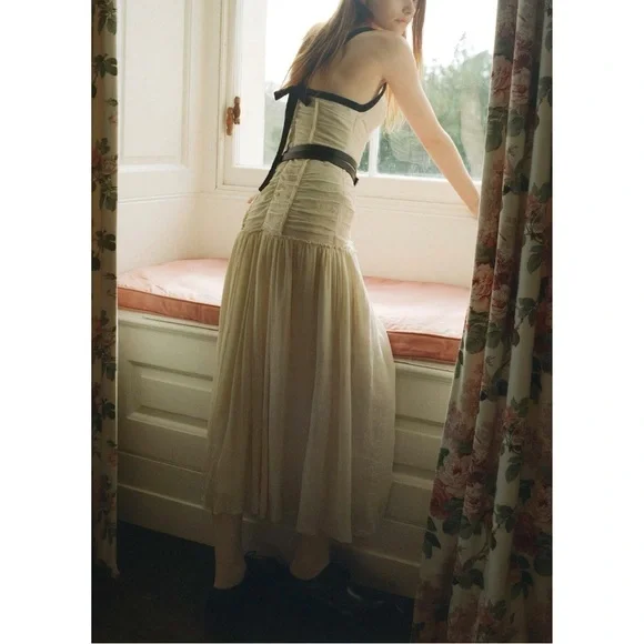 NWOT SEA New York Off-White Midi Silk-Blend Ruched Tatum Dress - Picture 4 of 8